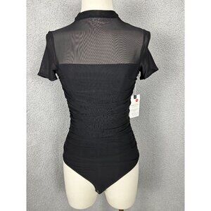 Pinkmstyle Black Mesh Short Sleeve Bodysuit With Ruched Front Snap Closure S NWT